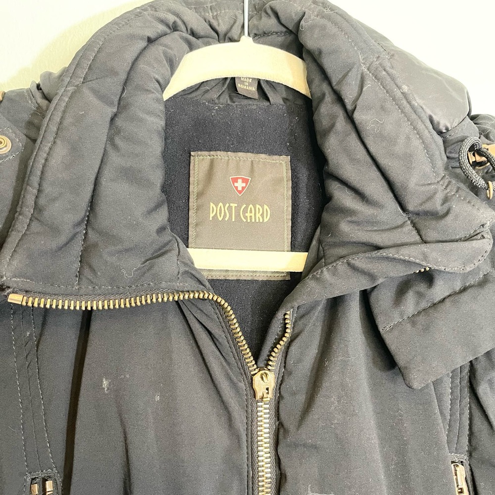 Post Card black Hooded Coat Italian Double Zipper Puffer Jacket Size 4 - Picture 14 of 16